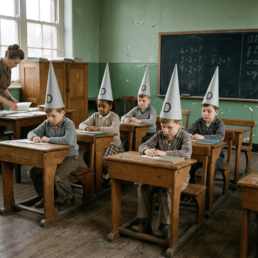 Five children sitting at wooden school desks wearing paper dunce caps with the letter D